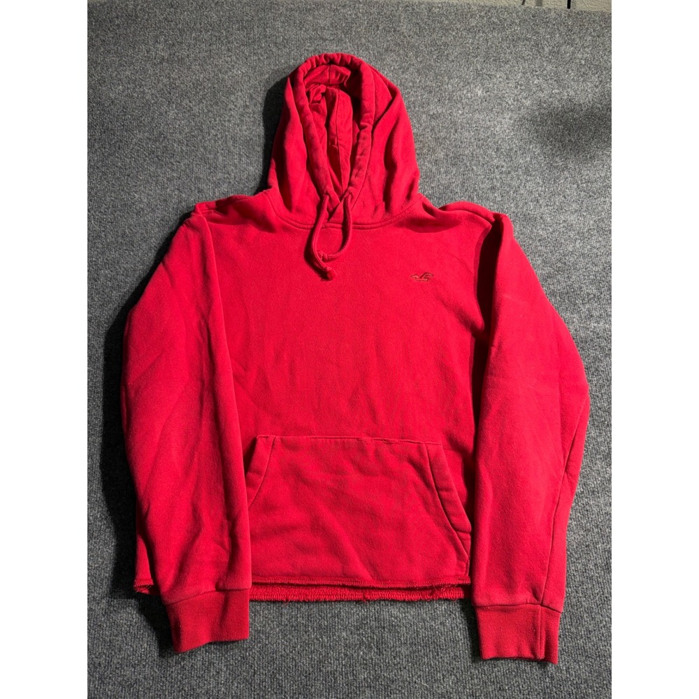 Hollister Red Cropped Hoodie Small Tonal Logo Raw Hem Pullover Sweatshirt Medium